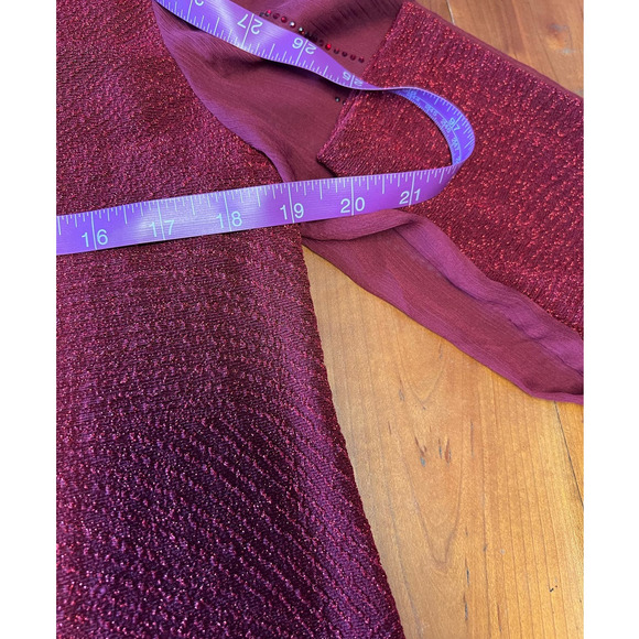 Deep Red Shimmer High Collar Sheer Sleeve Fringe Hem Dress Size M - Picture 10 of 12
